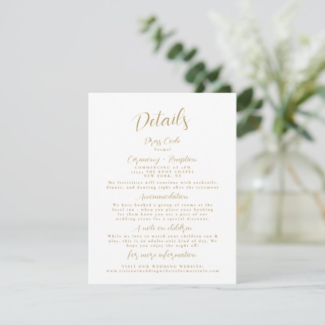 Minimalist Gold Wedding Details Enclosure Card (Standing Front)