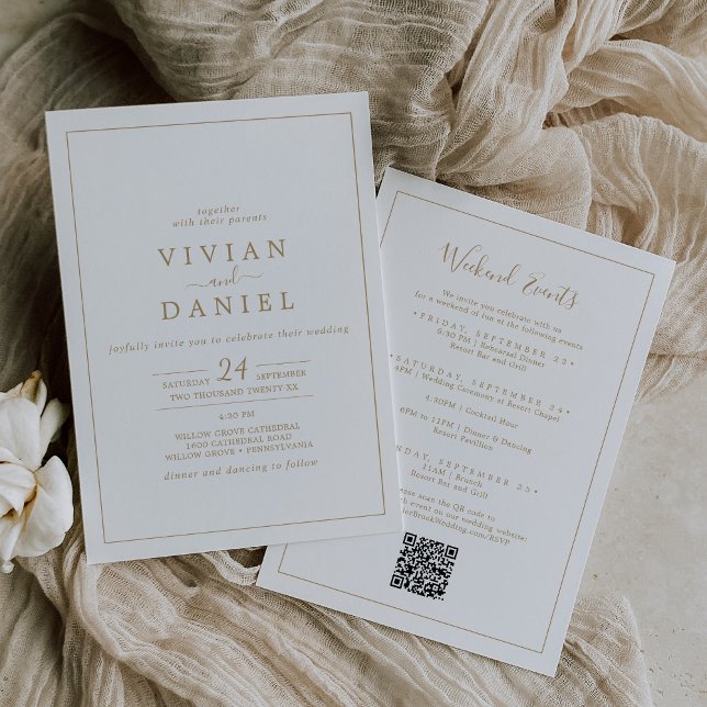 Minimalist Gold Weekend Events QR Code Wedding Invitation (Creator Uploaded)