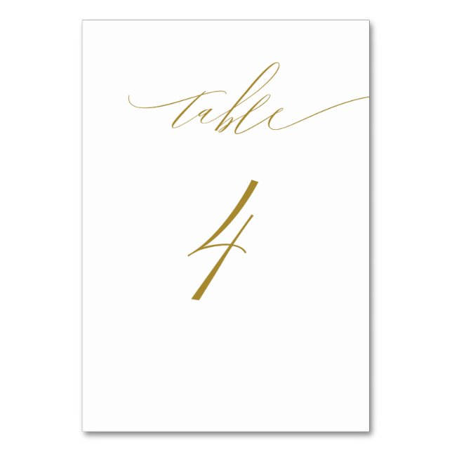 Minimalist Gold White Elegant Script No 4 Wedding Table Number (Front)