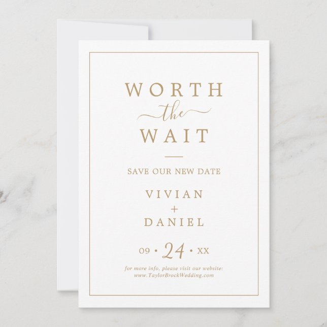 Minimalist Gold Worth the Wait Covid Wedding Save The Date (Front)