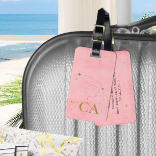 Minimalist Golden Monogram Salmon Pink Aeroplane Luggage Tag