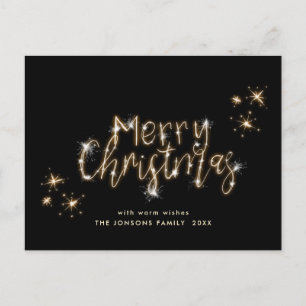 Minimalist Golden Sparkle Lights Black Christmas Postcard