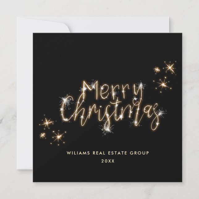 Minimalist Golden Sparkle Lights Merry Christmas Holiday Card (Front)