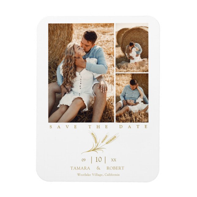 Minimalist Golden Wheat 3 Photos Collage Wedding Magnet (Vertical)