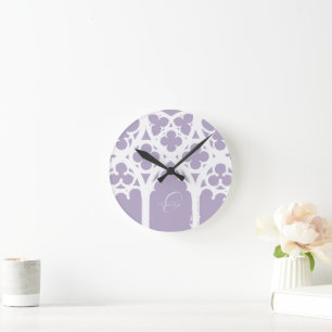 Minimalist Gothic Window Calligraphy Lavender Round Clock