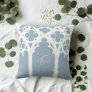 Minimalist Gothic Window Calligraphy Soft Blue Cushion