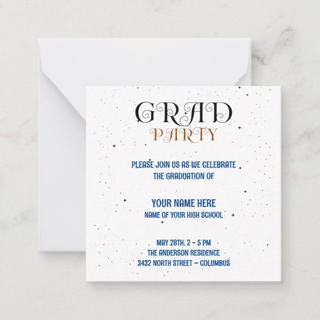 Minimalist Grad Party Blue Black & White Script Card (Front)