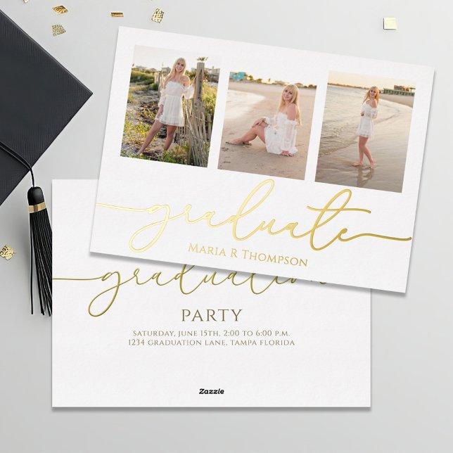 Minimalist Graduate Gold Script Photo Collage (Gold foil graduation invitation announcement with calligraphy script. )