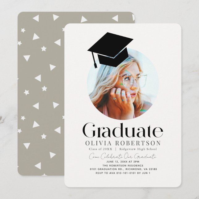 Minimalist Graduation Cap Khaki Photo Invitation (Front/Back)
