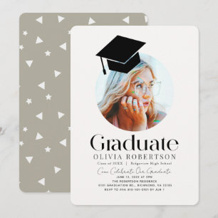 Minimalist Graduation Cap Khaki Photo Invitation