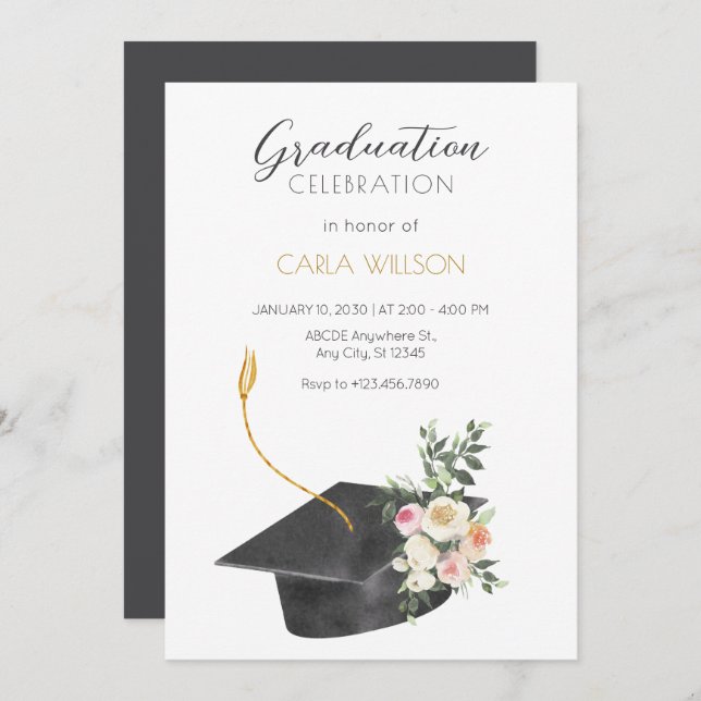 Minimalist graduation cap with flowers  invitation (Front/Back)