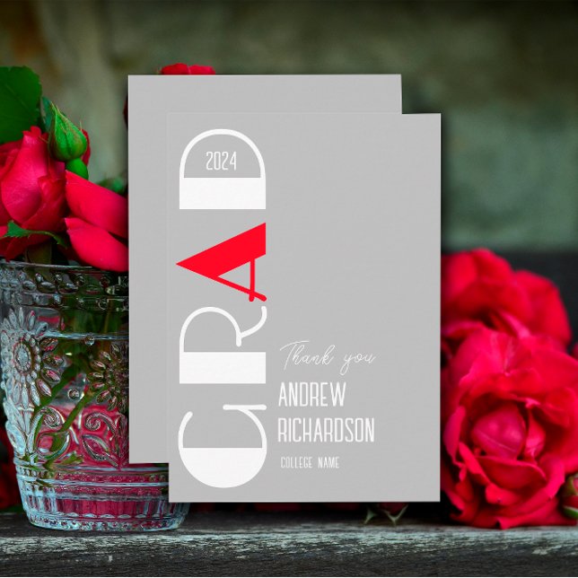 Minimalist graduation grey Red and White Accents Thank You Card (Creator Uploaded)
