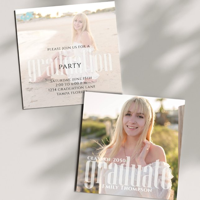 Minimalist Graduation Modern Elegant Two Photo Invitation (Modern photo graduation announcement card with beach portrait and minimalist typography design.)