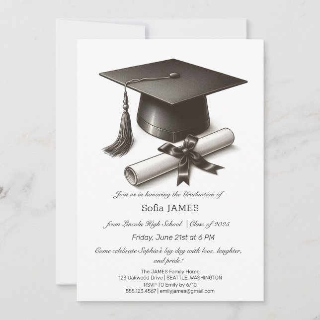 Minimalist Graduation Party Invitation with Black  (Front)