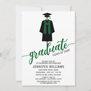 Minimalist Graduation Party with Cap & Gown Green Invitation