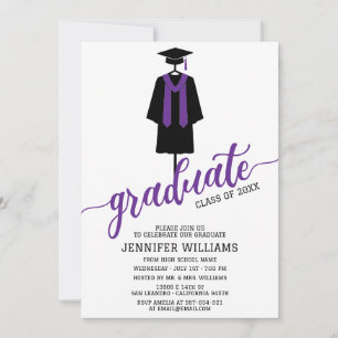 Minimalist Graduation Party with Cap & Gown Purple Invitation