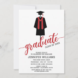 Minimalist Graduation Party with Cap & Gown Red Invitation