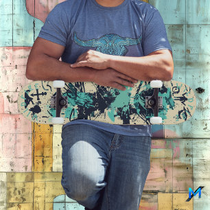 Minimalist Graffiti with Oceanic Hues and Abstract Skateboard