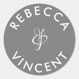 Minimalist Gray Wedding Personalized Names Classic Round Sticker