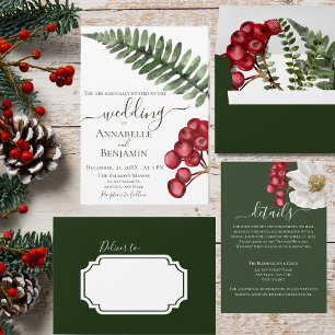 Minimalist Green and Berry Floral Ferns Wedding  Invitation