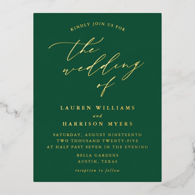 Minimalist Green and Gold Calligraphy Wedding Foil Invitation Postcard (Front)