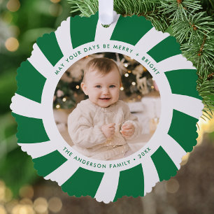 Minimalist Green and White Peppermint Swirl Photo Tree Decoration Card
