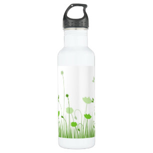 Minimalist Green and White Poppies Meadow Floral 710 Ml Water Bottle