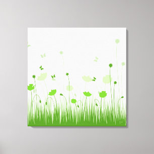Minimalist Green and White Poppies Meadow Floral Canvas Print