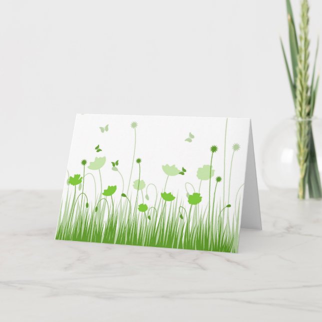 Minimalist Green and White Poppies Meadow Floral Card (Front)
