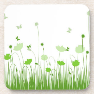 Minimalist Green and White Poppies Meadow Floral Coaster