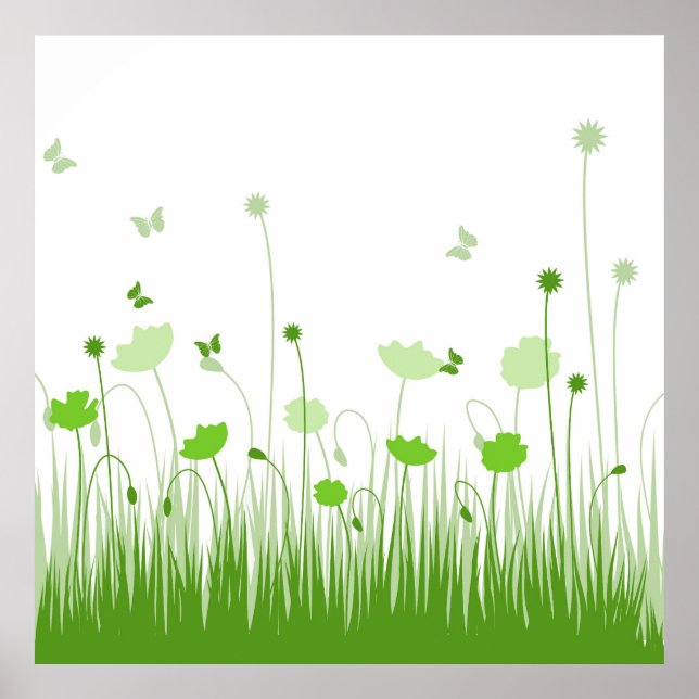 Minimalist Green and White Poppies Meadow Floral Poster (Front)