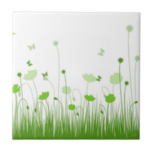 Minimalist Green and White Poppies Meadow Floral Tile
