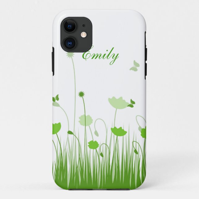 Minimalist Green and White Poppies Meadow Name Case-Mate iPhone Case (Back)