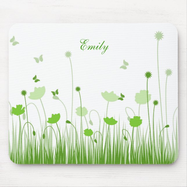 Minimalist Green and White Poppies Meadow Name Mouse Pad (Front)