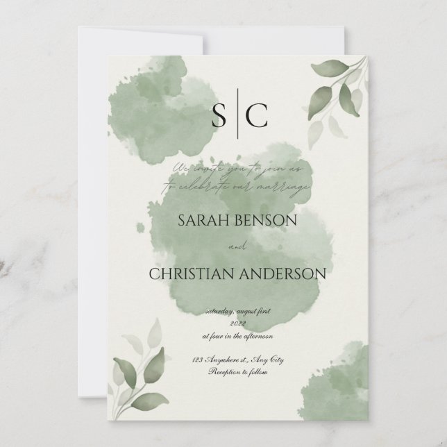 Minimalist Green Botanical Wedding Invitation (Front)