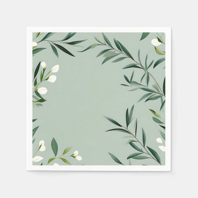 Minimalist Green Branches On Dusty Blue Napkin (Front)