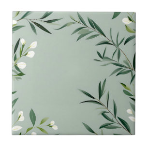 Minimalist Green Branches On Dusty Blue Tile