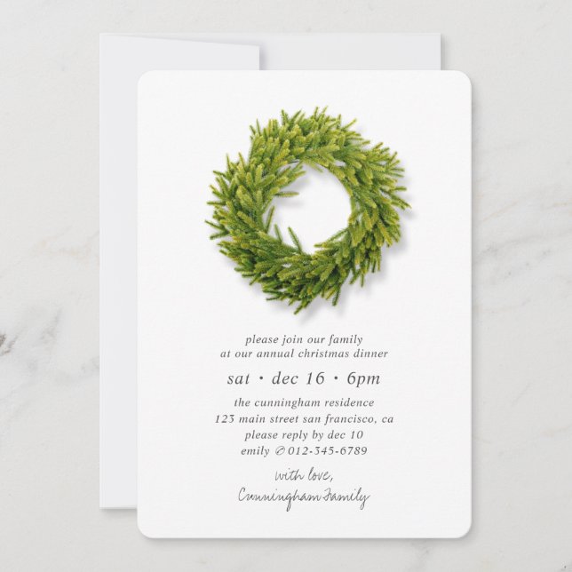 Minimalist Green Chic Wreath Christmas Dinner Invitation (Front)