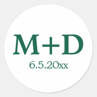 Minimalist Green Couple Initials & Date Classic Round Sticker