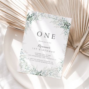 Minimalist Green Eucalyptus First Birthday Party Invitation