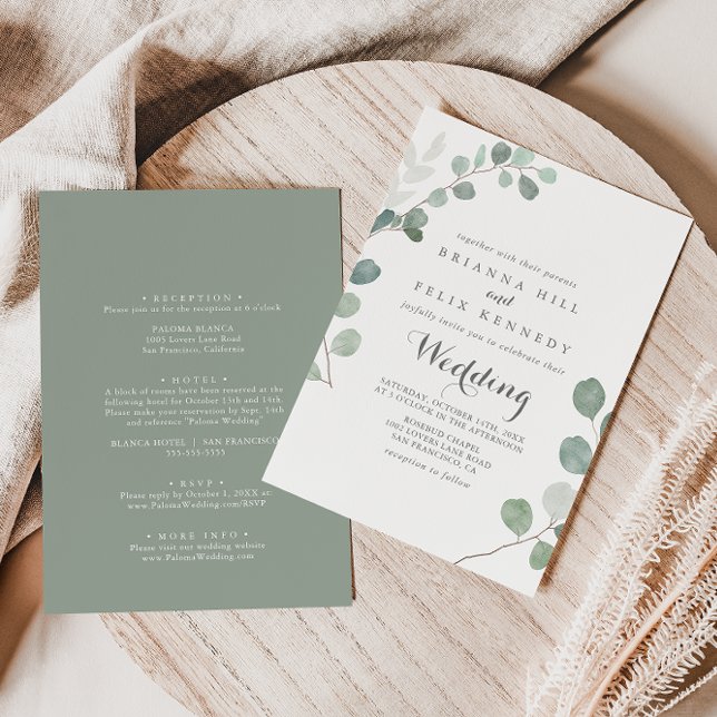 Minimalist Green Eucalyptus Front & Back Wedding Invitation (Creator Uploaded)