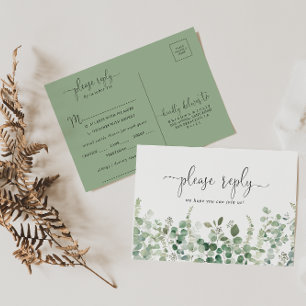 Minimalist Green Eucalyptus Menu Choice RSVP  Postcard