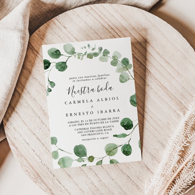 Minimalist Green Eucalyptus Nuestra Boda Wedding  Invitation (Creator Uploaded)