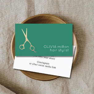 Minimalist Green Faux Gold Scissors Hair Stylist  Business Card