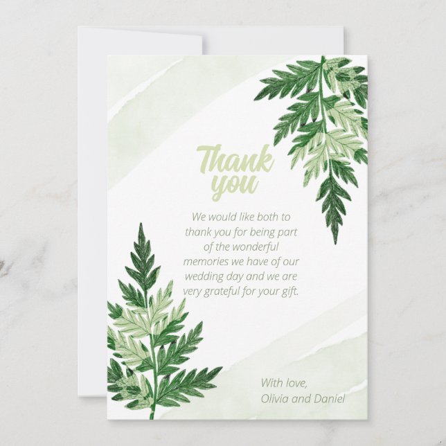 Minimalist Green Fern Wedding Thank You Card (Front)