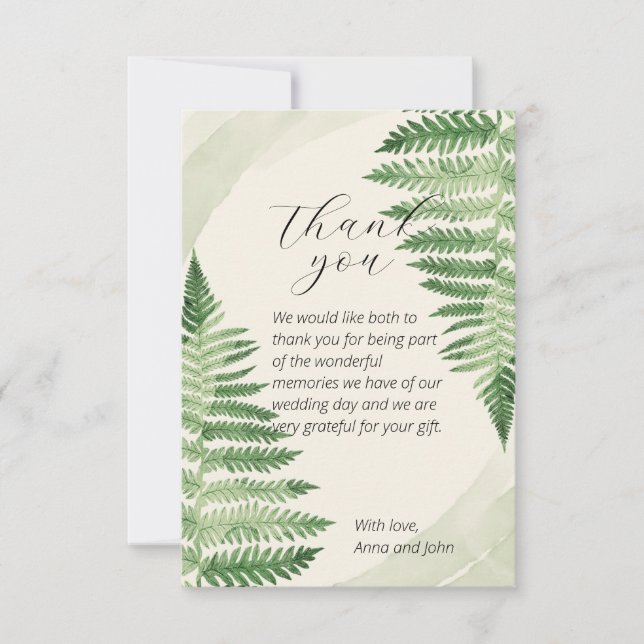 Minimalist Green Fern Wedding Thank You Card (Front)