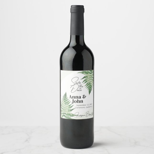 Minimalist Green Fern Wedding Wine Label (Front)