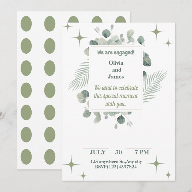 Minimalist Green floral Engagement Invitation (Front/Back)