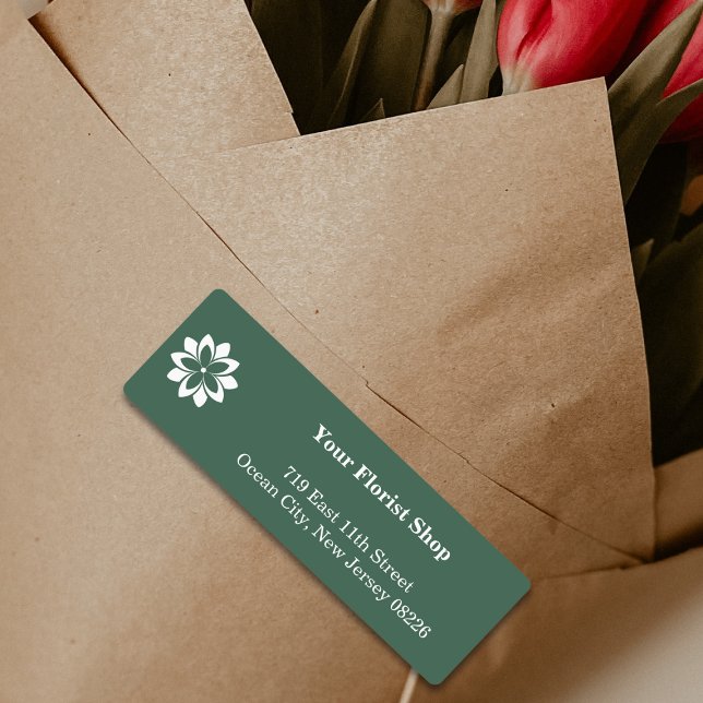 Minimalist Green Florist Shop Product (Minimalist Green Florist Shop Product Labels, Rectangular, White Custom Logo & Address)