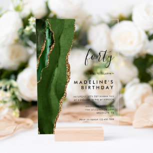 Minimalist Green Gold Agate Geode 40th Birthday Acrylic Invitations
